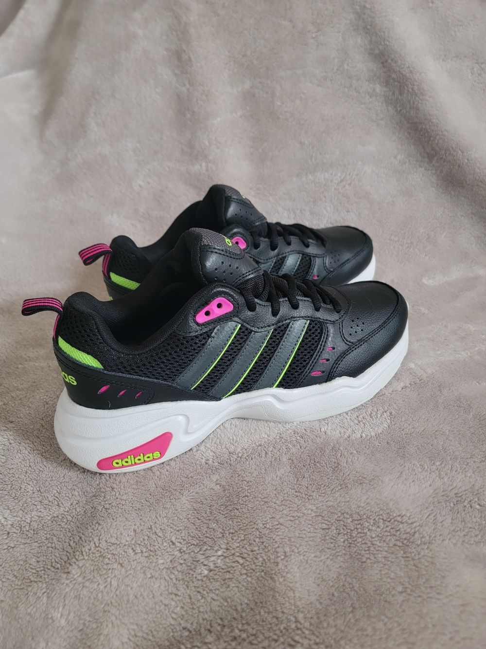 Adidas Women's Black Sneakers with Pink & Neon Green Accents